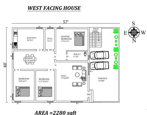 57'x40' Marvelous 3bhk West facing House Plan As Per Vastu Shastra, Autocad dwg file details - Cadbull West Facing 3bhk House Plan, 1 Story House Floor Plans, West Facing House Plan, South Facing House, Flat Plan, West Facing House, 1 Story House, North Facing House, Vastu House