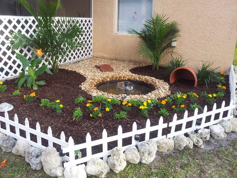 Hopefully the cold weather will end soon so the turtle can enjoy his new home! Arizona Desert Tortoise Habitat, Turtle Playground, Tartaruga Habitat, Pig Yard, Box Turtle Habitat, Miniature Fountain, Outdoor Tortoise Enclosure, Turtle Enclosure, Outdoor Enclosure