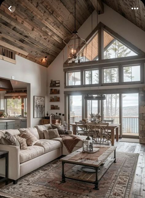 Loft Overlooking Living Room Farmhouse, Light Rustic Living Room, Two Story Great Room Windows, Modern Log Cabin Living Room, Big Farmhouse Living Room, Dream Farmhouse Living Room, Modern Country Home Living Room, Barndo Living Room, Wood Vaulted Ceiling Living Room