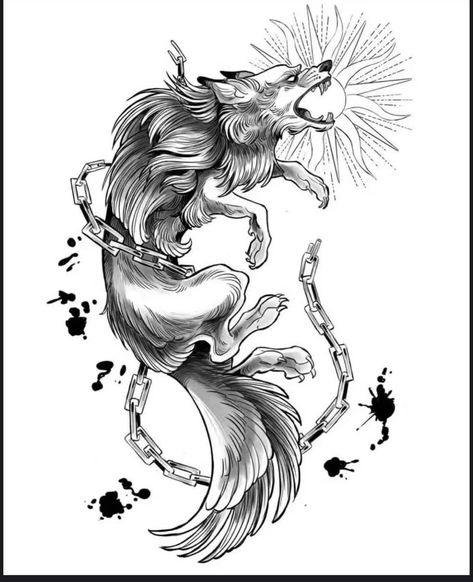 Two Wolves Tattoo Design, Japanese Wolf Tattoo Design, Skoll Hati Tattoo, Nordic Wolf Tattoo, Fenrir Tattoo Design, Black Wolf Tattoo, Two Wolves Tattoo, Wolves Tattoo, Fenrir Tattoo