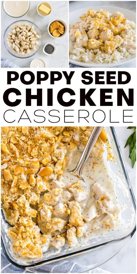 This Poppy Seed Chicken Recipe is a classic chicken casserole that's super easy to make! Filled with creamy chicken topped with buttery Ritz crackers, it's the perfect easy weeknight dinner the whole family will love. Poppy Seed Chicken Healthy, Poppyseed Chicken Casserole With Rice, Easy Poppy Seed Chicken Casserole, Easy Poppy Seed Chicken, Poppy Seed Chicken Recipe, Chicken Poppyseed, Potato Soup Video, Poppyseed Chicken Casserole, Poppy Seed Recipes