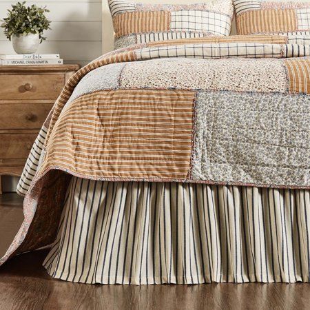 Country Chic Bedding, King Bed Skirt, Cottage Style Bedroom, Vintage Farmhouse Bedroom, Vintage Country Farmhouse, Vintage Colour Palette, Cottage Bed, Vhc Brands, Striped Bedding