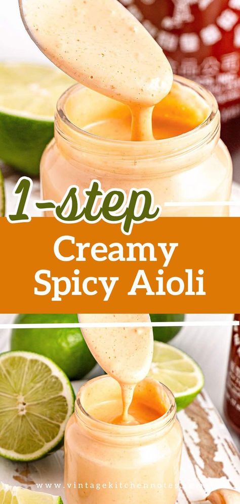 This aioli is a one-step, 10-minute recipe. It's flavor-packed with a spicy kick! I use Sriracha, but other hot sauces also work. We use it as a spread and a dip and for drizzling over meats, veggies, wraps, sandwiches and pretty much everything else we can. Sriracha Aioli Sauce, Spicy Mayo Recipe Without Sriracha, Jalapeno Lime Aioli, Spicy Aioli Sauce Recipe, Easy Aioli Sauce, Healthy Dipping Sauce For Veggies, Chili Aioli Recipe, Mayo Aioli Recipe, Aioli Recipe Easy Mayo