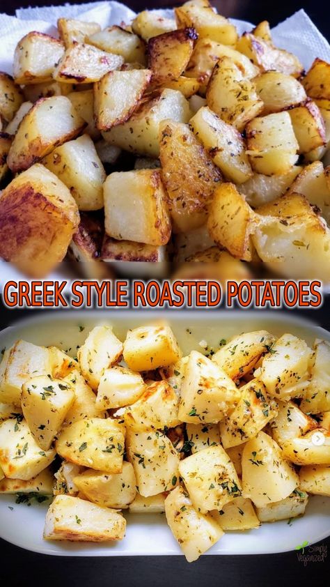 These were one of my most favorite potatoes growing up as a child. Roasted in olive oil, broth, lemon juice and seasoned with garlic and oregano. So yum. A perfect accompaniment to vegan gyros and tzatziki. Sides With Gyros, Taziki Potato Recipe, What To Serve With Gyros Dinners, Taziki's Potatoes, Gyro Dinner Sides, Roasted Greek Potatoes, Greek Style Potatoes, Seasoned Potatoes, Roasted Potato Recipes