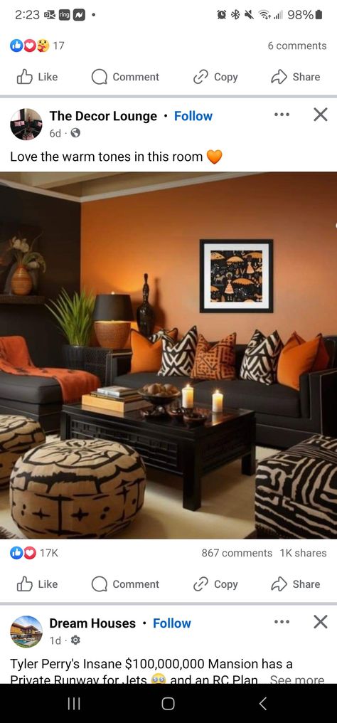 Dark Grey And Burnt Orange Bedroom, Black And Orange Living Room, Burnt Orange Bedroom, Black And Gold Living Room, Orange Living Room, Orange Bedroom, Black And White Living Room, Orange Home Decor, Gold Living Room