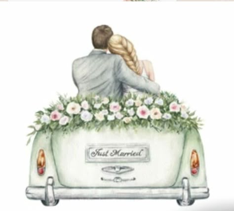 Married Cookies, Just Married Auto, Vintage Wedding Car, Couple Vintage, Just Married Car, Vintage Car Wedding, Car Stock, Hand Painted Wedding, Wedding Illustration