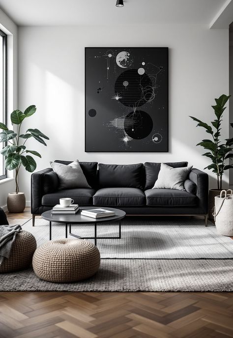 Dark Grey Couch Living Room Lounge Room Dark Couch, Living Room Dark Gray Couch Decor, Charcoal Sofa Decor, Living Room Inspiration Charcoal Couch, Dark Scandinavian Interior Living Room, Minimalist Dark Living Room, Light Grey Wall Living Room Ideas, Dark Grey Sofa Decor, Dark Grey Room Aesthetic