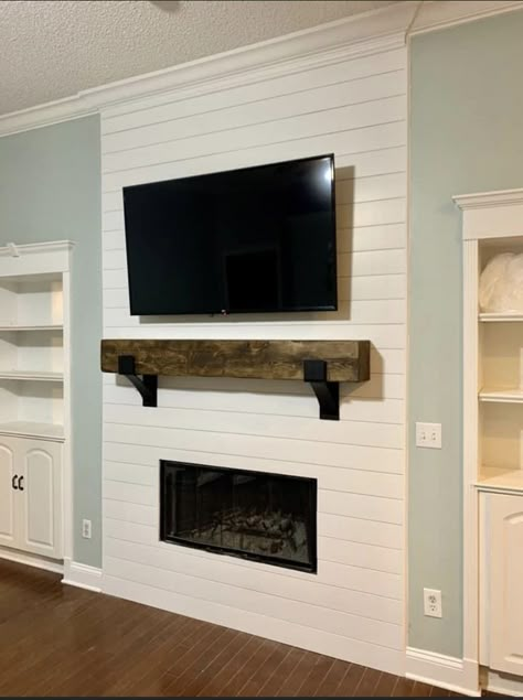 Flat Shiplap Fireplace Wall, Floating Fireplace Mantle Ideas, Faux Shiplap Fireplace, Fireplace Tv Stand Diy, Built In Around Fireplace, Floating Fireplace, Built In Electric Fireplace, Electric Fireplace Wall, Rustic Basement