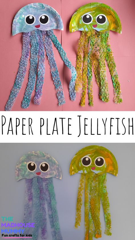 Jelly Fish Crafts For Preschoolers, Under The Sea Animals Crafts, Sea Crafts Preschool, Jelly Fish Craft, Under The Sea Craft, Sea Creatures Crafts, Underwater Crafts, Paper Plate Jellyfish, Jellyfish Kids