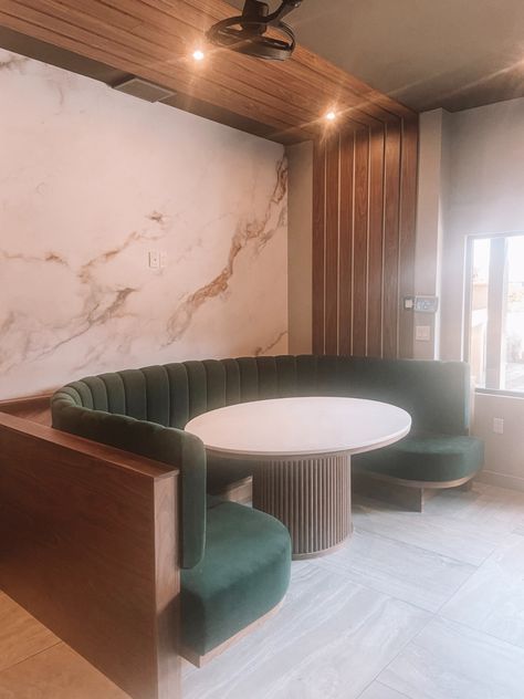 A bench, a table and a wall accent made by TechDesign and which is absolutely beautiful! 😍

This custom made set was designed by @jesschadillon !

What do you think of this look?
#woodworking #interiordesign #interiordesigner #banquette #banquetteseating #table #luxurytable #quartz #walnut #furniture #qualityfurniture #furnituredesign #madeincanada #madeinnewbrunswick #custommade #customfurniture #softseating #fabrics Semi Circle Banquette Seating, Bankette Seating, Banquette With Round Table, Sharing Tables, Round Banquette, Curved Banquette Seating, Banquette Seating Restaurant, Curved Banquette, Banquette Ideas