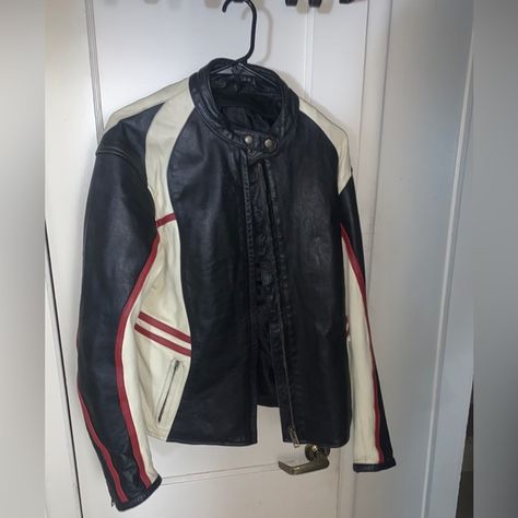 Black, white and red striped all leather  motorcycle jacket Striped Leather Jacket, Moto Jacket Outfit, Ghoulia Yelps, Cafe Racer Leather Jacket, Stylish Clothes, Dream Style, Striped Jacket, Leather Motorcycle Jacket, White And Red