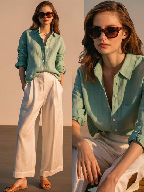 15 Marvelous Mint Green Outfits to Freshen Up Your Wardrobe 7 Outfit Mint, Mint Outfits, Mint Green And Beige Outfit, Mint Shirt Outfit, Mint Green Aesthetic Outfit, Mint Green Shirt Outfit, Mint Green Button Down Shirt Outfit, White Trousers Outfit, Golden Outfit