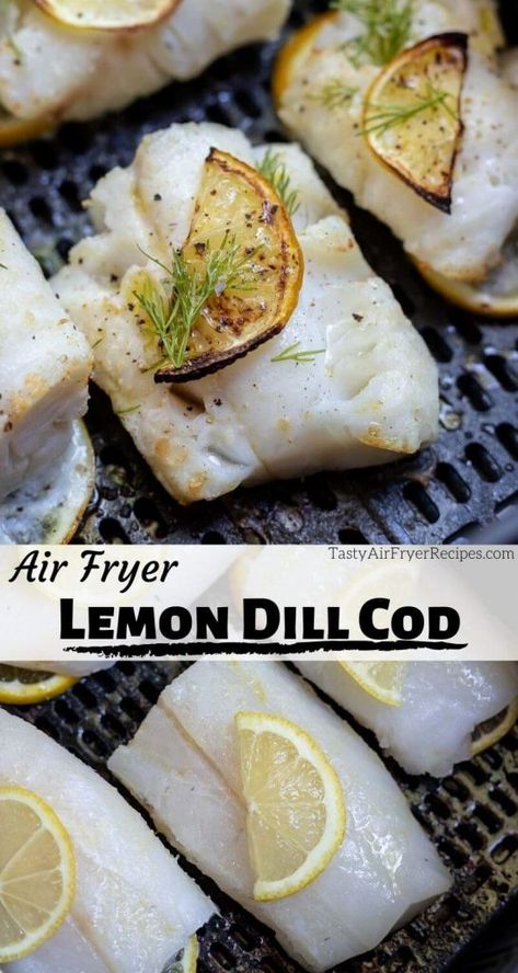 Air fried cod fish topped with lemon and dill. low carb keto friendly Cod In Air Fryer, Air Fried Cod, Fish Casseroles, Air Fryer Cod Recipe, How To Cook Cod, Air Fryer Cod, Fried Cod Fish, Air Fryer Seafood, Breaded Cod