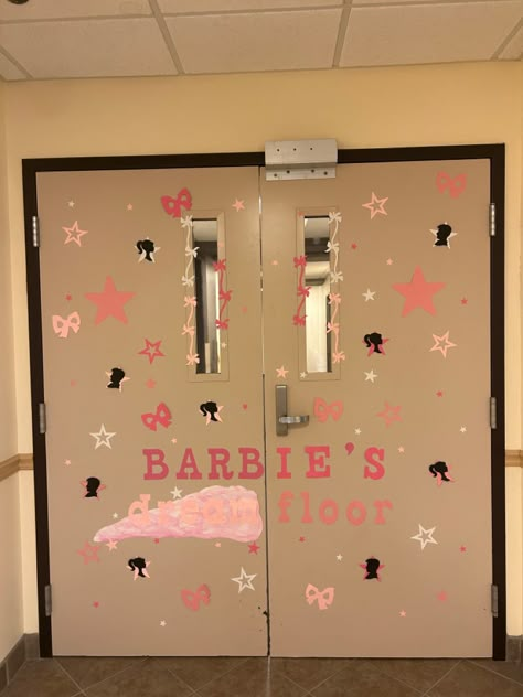 Barbie Door Decoration, Barbie Classroom Door, Barbie Door Decs, Ra Dorm Hallway Decorations, Ra Door Decs College Resident Assistant, Dorm Decs Resident Assistant, Ra Floor Themes Door Decs, Dorm Door, Class Door