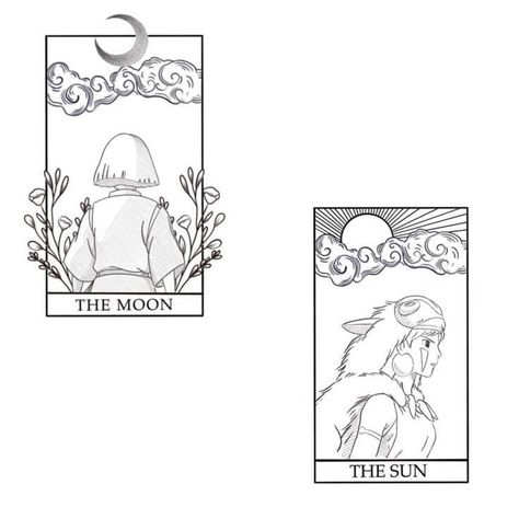 The Moon Card Tattoo, Studio Ghibli Tarot Card Tattoo, Sun Moon Tarot Card Tattoo, Studio Ghibli Tarot Cards, The Moon Tarot Card Drawing, Anime Tarot Card Tattoo, Fine Line Tarot Card Tattoo, Sun Tarot Card Drawing, Moon Card Tattoo