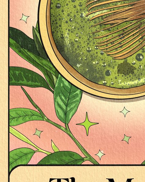 Absolutely in love with these tarot card illustrations I just finished up for @bluematchacompany! This was one of those projects where I spent waaay more hours on it than I had to, because I was truly enjoying the process of creating them. Everything but the lettering is hand illustrated! The first one I did was the matcha, and it took me about 5 hours. It set the tone for the rest of the set! I had to match that energy!! Haha. My son was like “mom you drew that?!! Everything else you’ve ever... Matcha Graphic Design, Matcha Illustration, Matcha Poster, Matcha Art, Matcha Girl, Tea Illustration, The Matcha, Leaves Illustration, Matcha Bowl