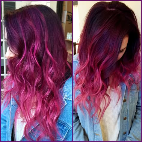 Pink hair. Purple hair. Ombré Red Violet And Pink Hair, Dark Purple To Pink Ombre Hair, Fuschia Ombre Hair, Red And Fuschia Hair, Purple To Red Ombre Hair, Dark Purple Pink Hair, Berry Colored Hair, Pink Hair With Purple Highlights, Purple To Pink Ombre Hair