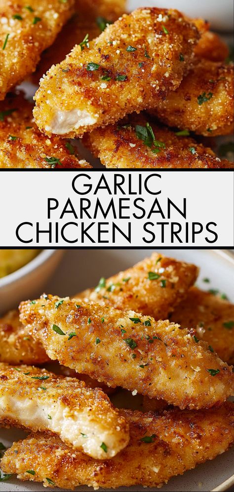 Easy Garlic Parmesan Chicken, Chicken Tenders Baked, Garlic Parmesan Chicken Tenders, Chicken Strips Recipe, Game Night Snacks, Parmesan Chicken Tenders, Chicken Strip Recipes, Chicken Tenders Recipe, Crispy Garlic