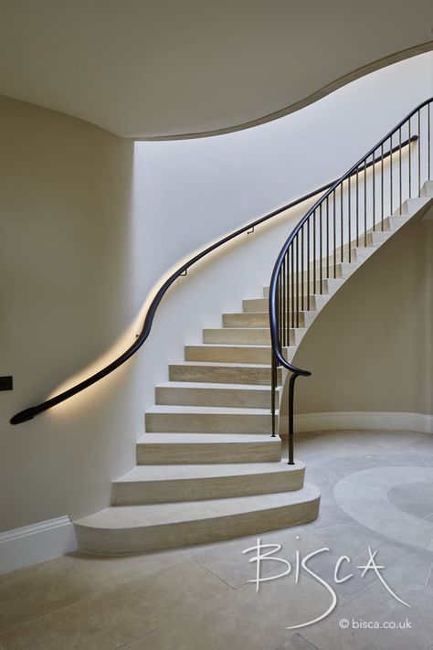 Curved Handrails For Stairs, Curved Stair Railing Ideas, Curve Stairs Design, Oval Staircase, Round Stairs Design, Curved Staircase Ideas, Modern Curved Staircase, Stone Stairs Interior, Helical Staircase