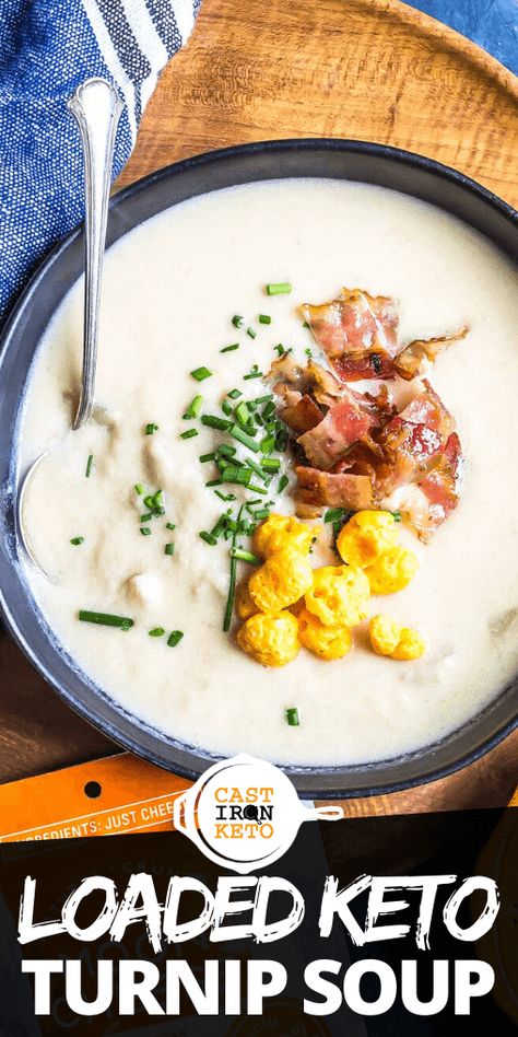 This Loaded Keto Turnip Soup is absolutely delicious and tastes just like a loaded potato soup just without all the carbs! #LowCarb Keto Potato Soup, Turnip Soup, Turnip Recipes, Diet Lunch, Loaded Potato Soup, Keto Soup, Keto Lunch, Low Carb Soup, Turnips