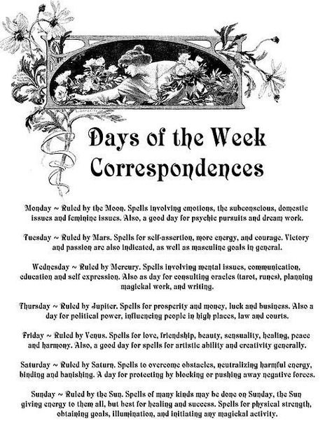 Days of the Week Correspondences Pagan Correspondences, Wicca Witchcraft, Wiccan Spells, Spells Witchcraft, Days Of The Week, Practical Magic, Magic Spells, Day Of The Week, New Energy