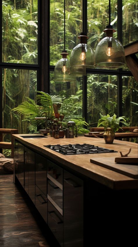 Rainforest House Design, Living Room Designs Italian, Rainforest House Interior, Forest Cabin Modern Interior, Rainforest House Aesthetic, Rainforest Interior Design, Nature Kitchen Aesthetic, Biophilic Design Kitchen, Rainforest Kitchen