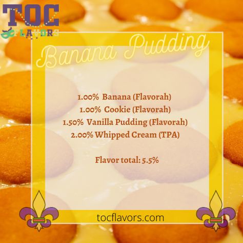 DIY TOC'S Banana Pudding ejuice recipe :: e-Liquid Calculator E Liquid Recipes, Liquid Recipes, Eliquid Recipe, Diy E Liquid, Juice Recipe, Vanilla Pudding, E Liquid, Banana Pudding, Juicing Recipes