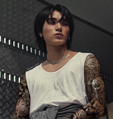 Credits for the tattoos: https://pin.it/1vSsDfJ Ateez Tattoo Edit, Choi San Long Hair, Choi San Tattoo, Seonghwa Long Hair, San Tattoo, Ateez Pfp, San Fanart, Sans Art, Sans Cute