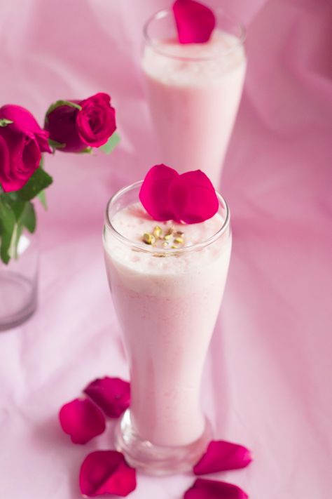 Rose Lassi Rose Lassi, Rooh Afza, Lassi Recipe, Rose Syrup, Lassi Recipes, Indian Drinks, Breakfast Juice, Blueberry Tart, Iftar Party