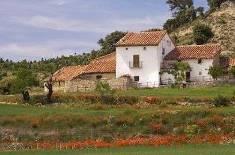 Photo of a Spanish farmhouse surrounded by fields of vibrant poppies near the village of Morella, Valencia in Spain. Spanish Farmhouse Exterior, Front Porch Design Ideas, Mediterranean Farmhouse, Spanish Countryside, Spanish Farmhouse, Chimney Pots, Terracotta Floors, Tile Roof, Rustic Country Home