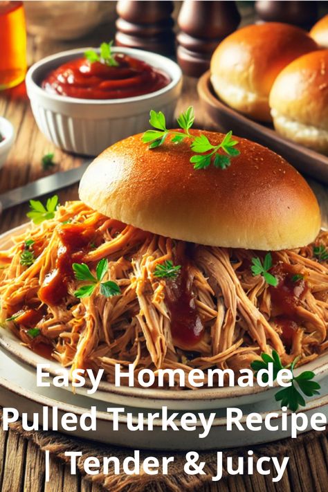 Easy Homemade Pulled Turkey Recipe | Tender & Juicy – This simple and flavorful recipe delivers perfectly shredded turkey that's moist, tender, and coated in a delicious glaze. Perfect for sandwiches, wraps, or as a main dish, it's a versatile meal that's easy to make and sure to impress. Pair with your favorite sides or barbecue sauce for the ultimate comfort food experience! Shredded Turkey Sandwich Recipes, Pulled Turkey Crockpot, Hot Turkey Sandwich Recipes, Sliced Turkey Recipes, Pulled Turkey Recipes, Bbq Turkey Sandwich, Shredded Turkey Sandwiches, Bbq Pulled Turkey, Pulled Turkey Sandwiches