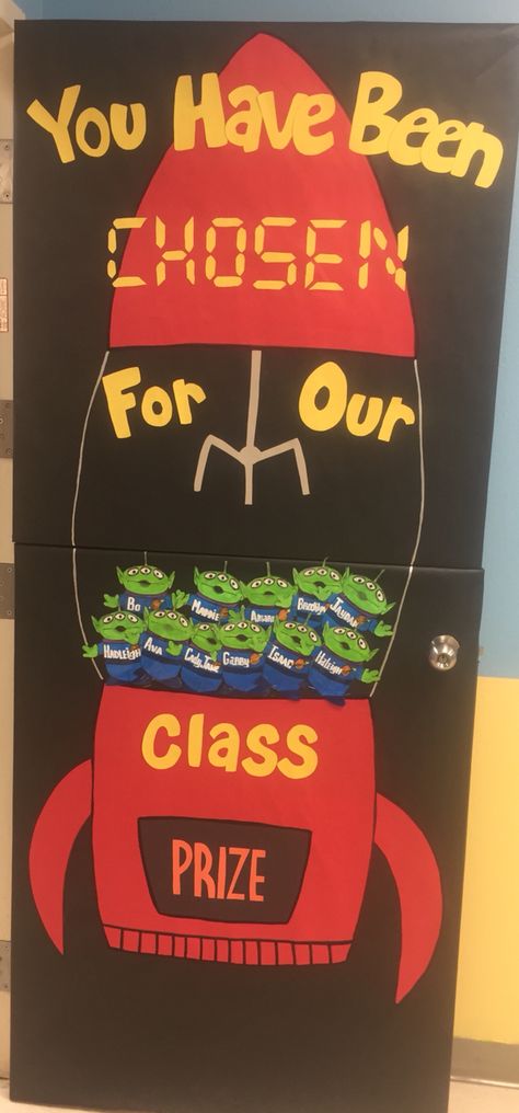 Toy Story Theme | Classroom Door Toy Story Space Theme, Toy Story Daycare Theme, Character Door Decorations Classroom, Disney Pixar Classroom Theme, Unique Classroom Door Ideas, Spaceship Door Decoration, Toy Story Themed Classroom Ideas, Disney Preschool Classroom Decor, Disney Back To School Door Ideas