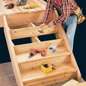 How to build deck stairs Build Deck Stairs, Build Deck, Deck Building Plans, Laying Decking, Building Stairs, Escalier Design, Restaurant Patio, Deck Construction, Deck Stairs