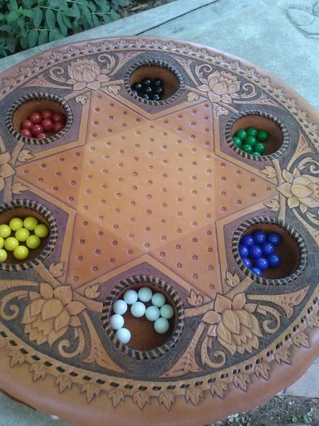 DIY this beautiful game set. - Leather Chinese Checker Board Chinese Checkers Board, Checkers Board, Chinese Checkers, Checker Board, Leather Cuts, Leather Art, Diy Games, Game Board, Leather Projects