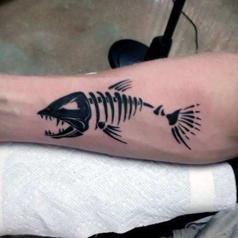 50 Fish Skeleton Tattoo Designs For Men - X-Ray Ink Ideas Fish Skeleton Tattoo, Fish Bone Tattoo, Fisherman Tattoo, Hook Tattoos, Skeleton Tattoo, Bone Tattoo, Army Tattoos, Fish Skeleton, Fish Bones