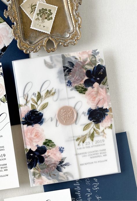 Beautiful Navy and Blush Floral Vellum Wrap Jacket for DIY Wedding Invitation A quantity of 1 is for 25 vellum wraps These translucent clear vellum jackets are 5x7 when folded and fit great in an A7 envelope! Can be purchased with wax seal as shown or add your own wax seal, ribbon, or other embellishments to elevate the elegance of your invitations!When you select without wax seal They are shipped flat, not folded. Navy And Mauve Wedding, Navy Blush Gold Wedding, Navy Blue And Pink Wedding, Wax Seal Ribbon, Dusty Rose Wedding Theme, Navy Wedding Theme, Navy And Blush Wedding, Navy Blush Weddings, Navy Blue Wedding Theme