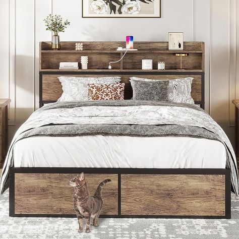 Bed Frame with Bookcase Headboard with Charging Station - Bed Bath & Beyond - 40226907 Bed Headboard With Shelf, King Bed Shelf, Kings Size Bed Ideas, Bed Frame Storage Ideas, Shelved Headboard, Headboard Shelf Ideas, King Headboard Ideas, Diy Headboard With Shelves, Western Bed Frame