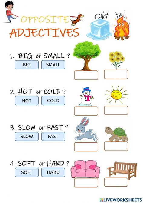 Opposite adjectives Adjectives For Kids, Opposite Words For Kids, Opposites For Kids, English Language Activities, Primary School Activities, Adjectives Worksheet, English Primary School, School Live, Adjective Worksheet