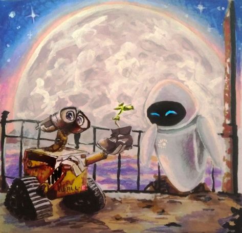 Walle And Eve Painting, Walle Painting, Wall-e Painting, Canva Posters, Walle Y Eva, Wall E Movie, Astro Bot, Wall E Eve, Easy Disney Drawings