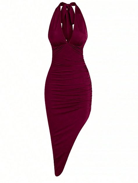 Summer Sexy Solid Color Sleeveless Dress With Draped Asymmetrical Hem, Halter Neck And Slim Fit Strap Burgundy Elegant,Sexy  Sleeveless Knitted Fabric Plain Bodycon Medium Stretch  Women Clothing, size features are:Bust: ,Length: ,Sleeve Length: Png Clothes Dress, Vintage Archive Fashion, Outfit Bordeaux, Dress Png, Elegant Mini Dress, Red Bodycon Dress, Women Midi, Dress For Short Women, Fashion Design Clothes