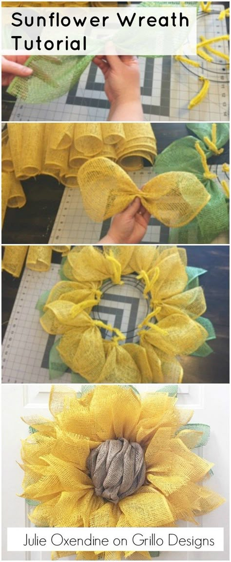 Sunflower Wreath Tutorial Diy Sunflower Wreath, Couronne Diy, Diy Sunflower, Wreaths Ideas, Sunflower Wreath, Burlap Crafts, Sunflower Wreaths, Wreath Tutorial, Spring Diy