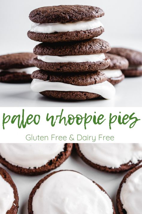 Chocolate paleo whoopie pies (also called homemade oreos) are a delicious gluten free treat. They have a marshmallow cream filling that's free of corn syrup. They're also dairy free! They are such a fun dessert recipe to make! You'll love these gluten free whoopie pies! #oreos #whoopiepies #chocolate #glutenfree #dairyfree #desserts #paleo #healthyrecipes #cookies Marshmallow Cream Filling, Paleo Marshmallows, Soft Chocolate Cookie, Homemade Oreos, Whoopie Pie Recipe, Chocolate Whoopie Pies, Fun Dessert, Recipe Gluten Free, Whoopie Pie