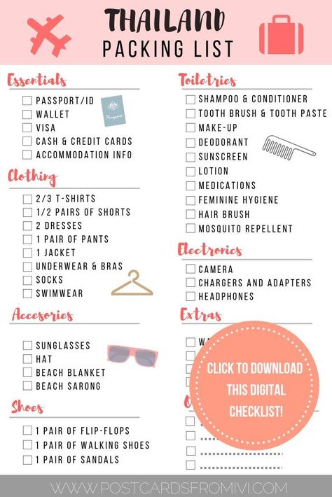 Click to download this free PDF checklist #Thailand #SoutheastAsia #Travel Packing List For 2 Weeks, Thailand Packing List, Bangkok Trip, Thailand Tour, Thailand Packing, Vacation List, Phuket Travel, Thailand Honeymoon, Thailand Adventure