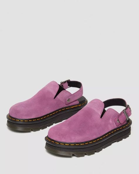 Zebzag Suede Casual Slingback Platform Mules in Muted Purple | Dr. Martens Doc Martin Clog, Doc Martin Clog Outfit, Purple Dr Martens, Womens Leather Boots, Mules Outfit, Afro Punk Fashion, Muted Purple, Dr Shoes, Platform Mules