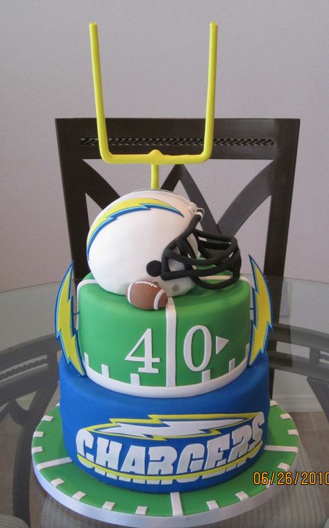 Chargers Cake, Football Wedding Theme, San Diego Chargers Football, Nfl Party, Football Birthday Cake, 12th Birthday Cake, Chargers Football, Cooking Photos, Football Birthday Party