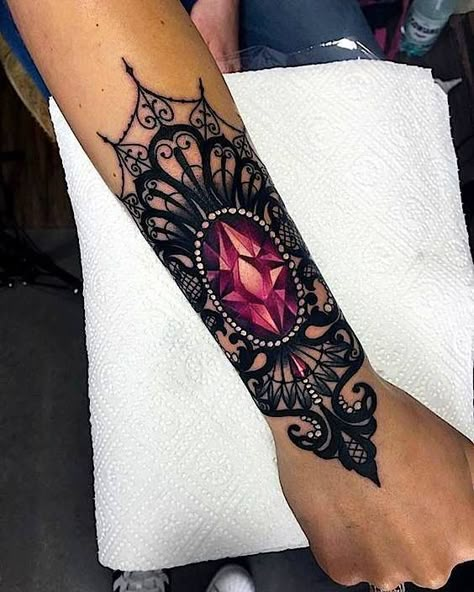 UK tattoo ideas. Gem stone ideas, lace tattoos, pearl tattoos color tattoos girls with tattoos. Dodie Tattoo, Voll Arm-tattoos, Gem Tattoo, Jewel Tattoo, Forearm Tattoo Design, Lace Tattoo, Tattoo Feminina, Feminine Tattoos, Trendy Tattoos