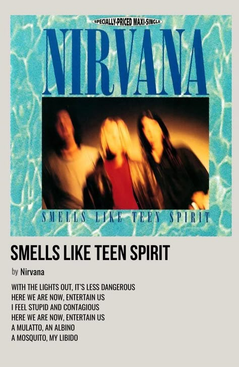 Song Posters Nirvana, Nirvana Song Poster, Nirvana Minimalist Poster, Nirvana Polaroid Poster, Nirvana Polaroid, Smells Like Teen Spirit Aesthetic, Alternative Song Posters, Music Polaroid Posters, Song Poster Design