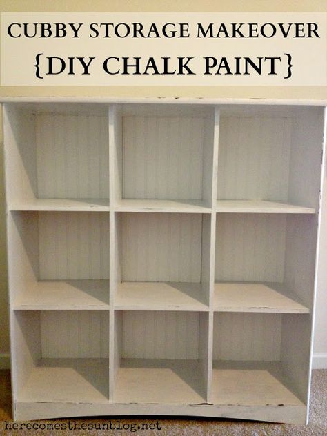 Here Comes the Sun: Cubby Storage Makeover {DIY Chalk Paint} Painted Cubby Storage, Cubby Makeover, Cubby Diy, Brown Laminate, Paint Chalk, Diy Chalk, Diy Chalk Paint, Paint Storage, Cubby Storage