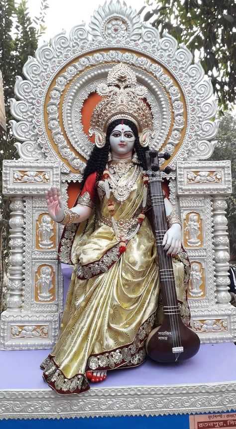 Swarasati Devi Wallpaper, Sarsati Puja Pandal, Swarasati Devi Art, Swarasati Mata, Saraswati Thakur Photo, Saraswati Murti Photo, Sarswati Maa Wallpapers Full Hd, Saraswati Puja Background, Saraswati Puja Pandal