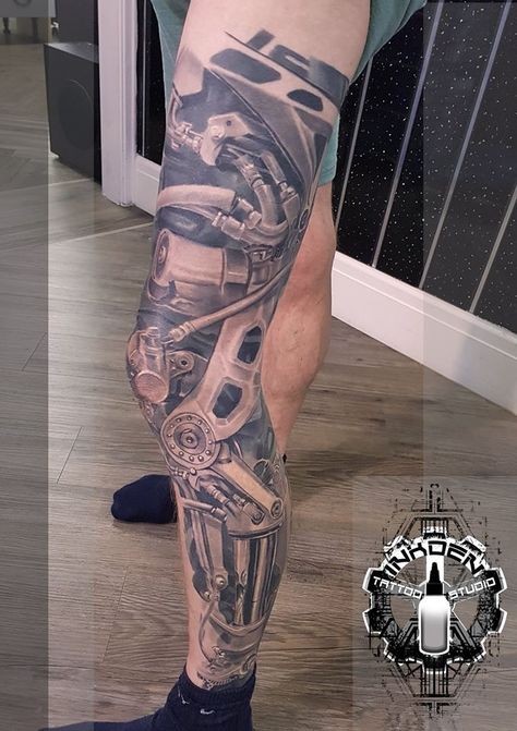 This leg piece is still work in progress. It is based off Dave's very own motorbike and its parts. If you want something truly unique, we can help! For more info call us on 07957021702 or for booking go to http://www.inkdentattoo.co.uk/index.php/requests/ Mens Motorbike Tattoo Ideas, Mechanics Tattoo, Motorbike Tattoo, Nautical Sleeve, Biomechanical Tattoos, Biomechanical Tattoo Design, 3d Machine, Robot Tattoo, Jack Tattoo